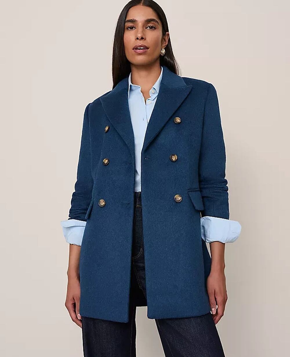 NWT ANN TAYLOR MOONLIT BACKDROP BLUE FITTED DOUBLE BREASTED COAT SZ 8